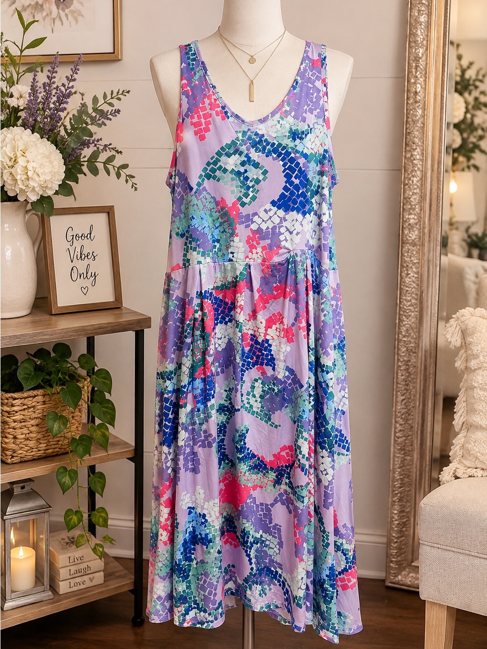 24/7 Comfort Apparel Lavender V-Neck Midi Dress with Multicolor Abstract Print